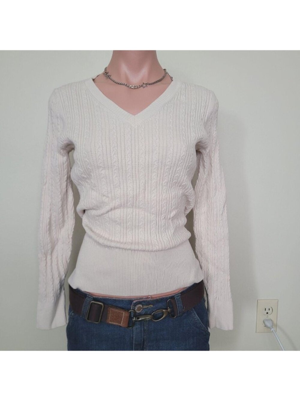 Jessica Preppy Cable Knit Cream Fitted Bodycon Sweater (M)